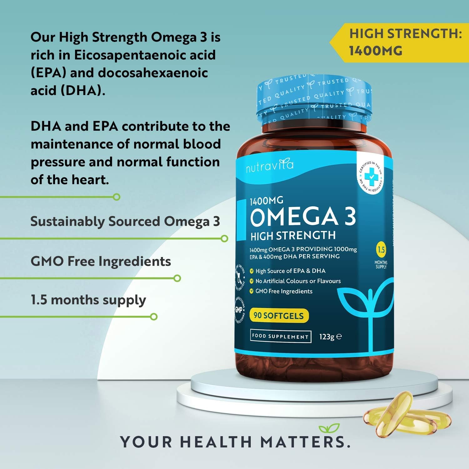Nutravita Highest Strength Omega 3 Fish Oil 2000mg, Providing 1000mg EPA & 400mg DHA per Serving - Image 3