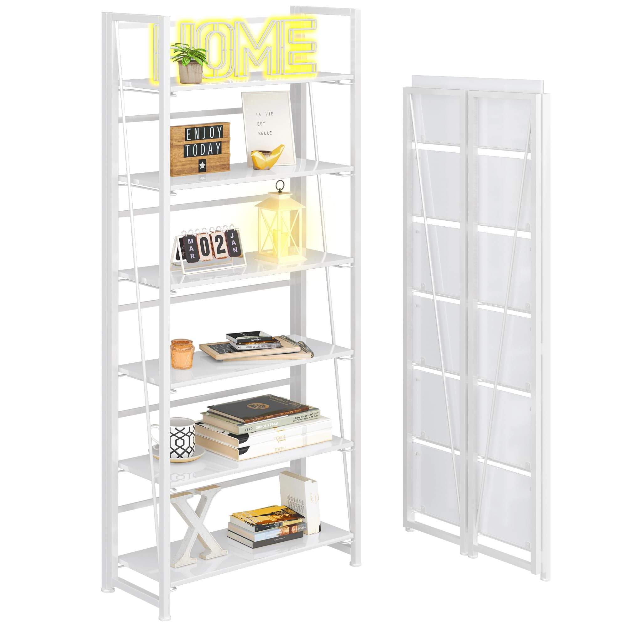 Photo 1 of 4NM No-Assembly Folding Bookshelf Storage Shelves 6 Tiers Vintage Bookcase Standing Racks Study Organizer Home Office (All White)