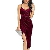 Missufe Women's Sleeveless Spaghetti Strap Wrap V Neck Bodycon Ruched Slit Midi Party Cocktail Velvet Dress