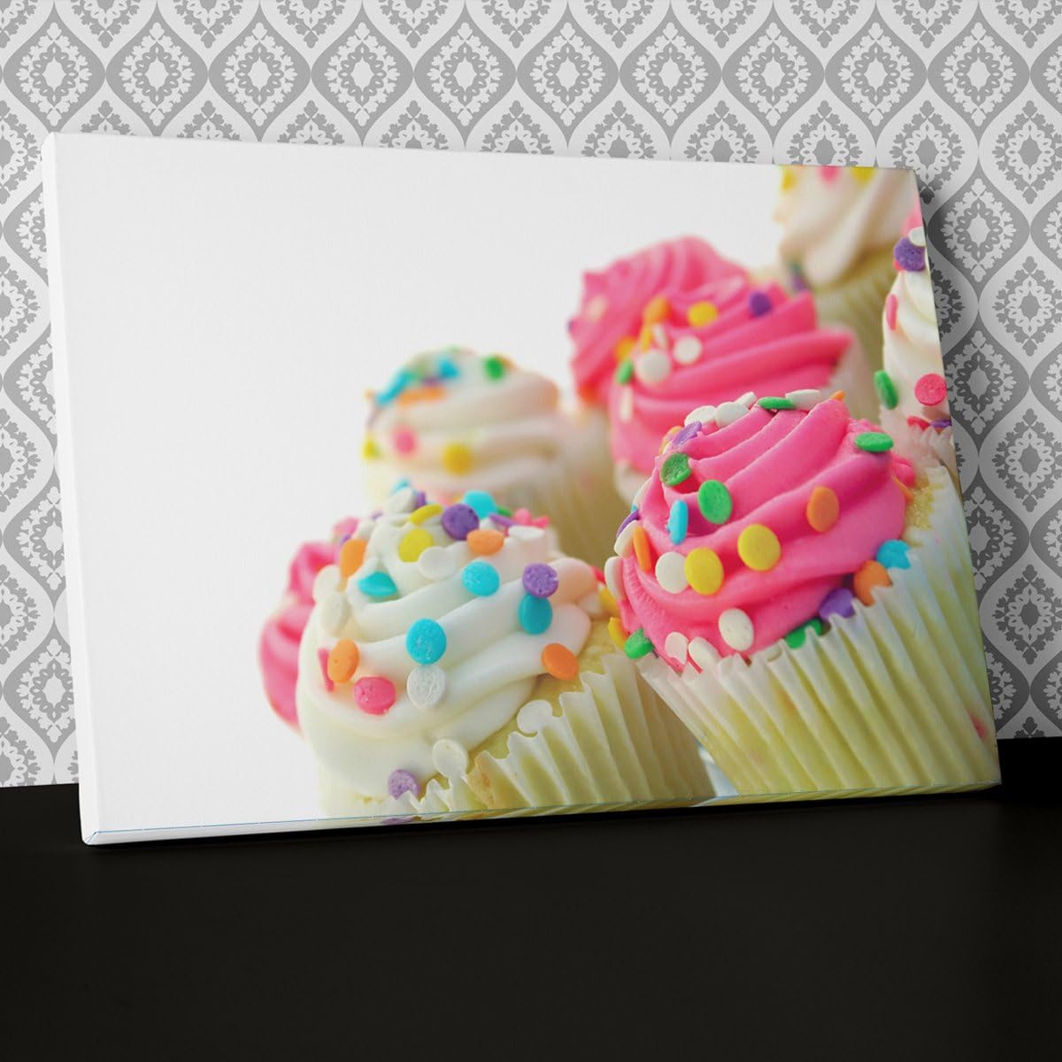 White Pink Decorated Cup Cakes Canvas Wall Art, Framed Ready to Hang Picture Print AB107