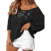 Saodimallsu Womens Crochet Cover Up Top Summer 3/4 Sleeve Off Shoulder Sweater Shirts Mesh Boho Beach Swimsuit Coverup