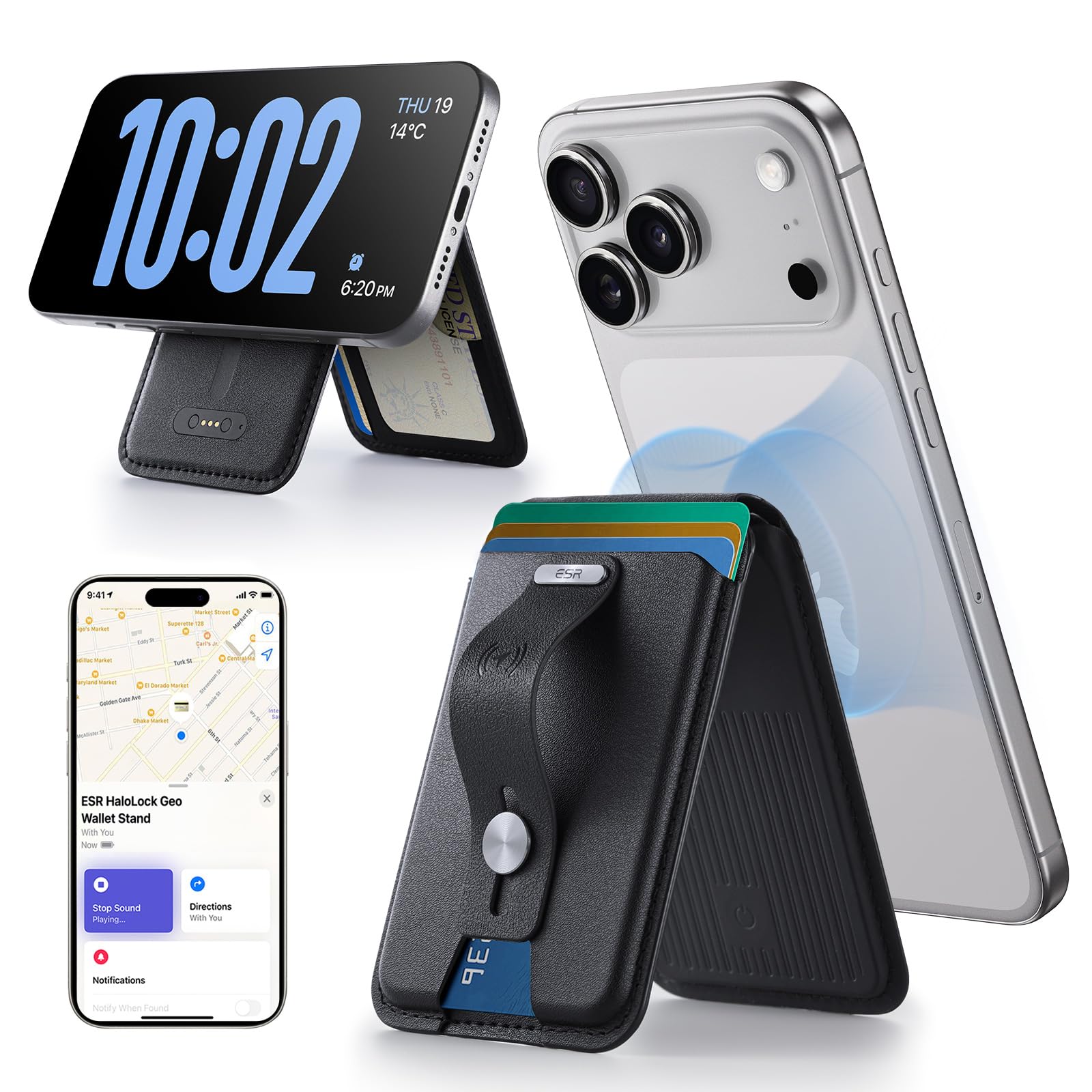 Photo 1 of ESR Geo for Magsafe Wallet with Full Find My Functionality,5 Card-Holder, RFID Blocking, Magnetic Wallet for iPhone 17/16/15/14/13/12 Series, with Adjustable Stand, Black