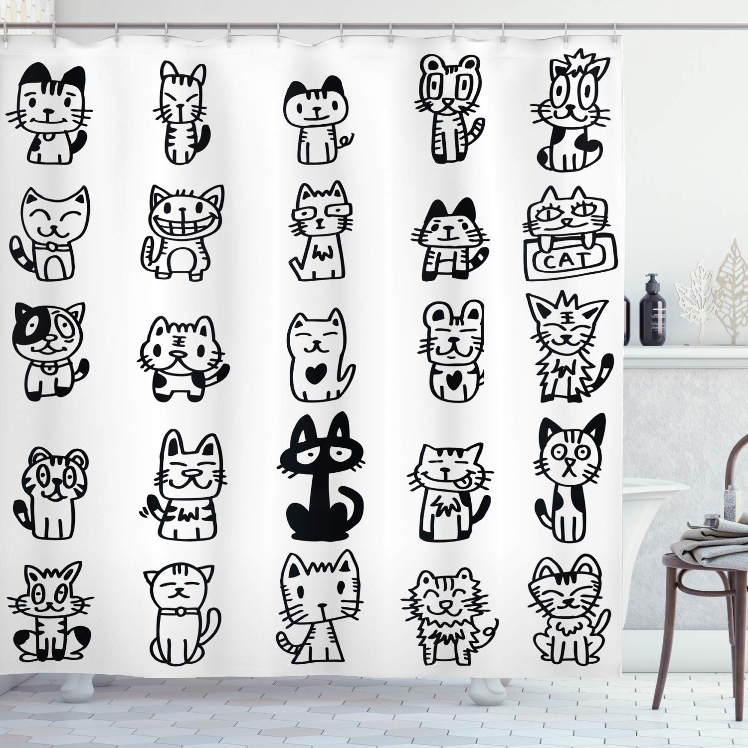 ABAKUHAUS Cat Shower Curtain, Hand Drawn Sketchy Cats with Happy Face Gestures Comic Creatures Funny Art Print Image, Cloth Fabric Bathroom Decor Set with Hooks, 94 Inches, Black White — image 1