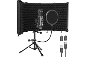 RIWORAL Studio Recording Microphone Isolation Shield with Pop Filter and Metal Tripod Stand, USB Condenser Mic to PC Laptop Smartphone, Studio Microphone for Recording Singing Podcasting
