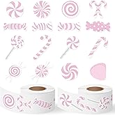 DSjuedui Christmas Pink Candy Cane Gumdrop Roll Stickers - 1000Pcs Xmas Pink Peppermint Self-Adhesive Decals for Kids, Christmas Joy Candy Theme Stickers for New Year Party Gifts Home Decor Birthday