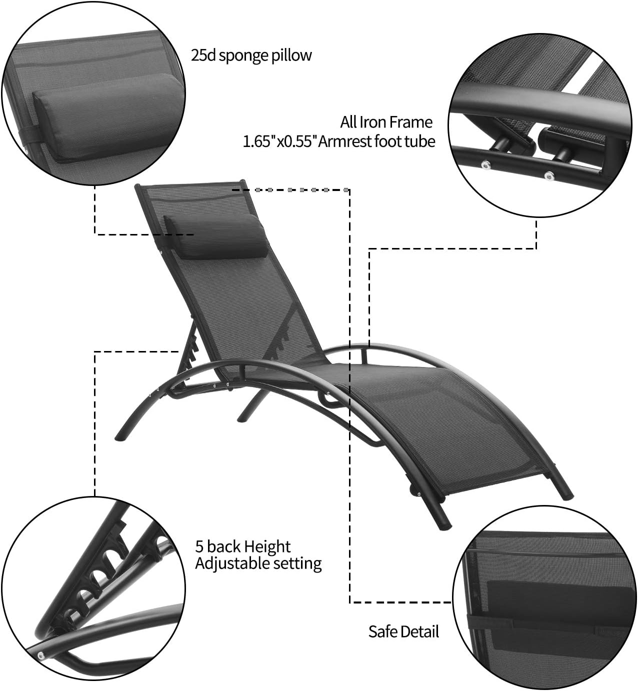 Patio Lounge Chairs Outdoor Pool Chaise Lounges Adjustable for All Weather for Beach Backyard（2-Pack Black: Kitchen & Dining