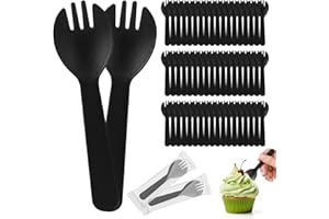 Bioudell 100pcs Mini Spork, 4.2 Inch Individually Wrapped Plastic Black Small Cutlery, Compact Disposable Fork Spoon Combo for Cake, Appetizer, Snacks, Dessert Bar, Parties, Travel Use