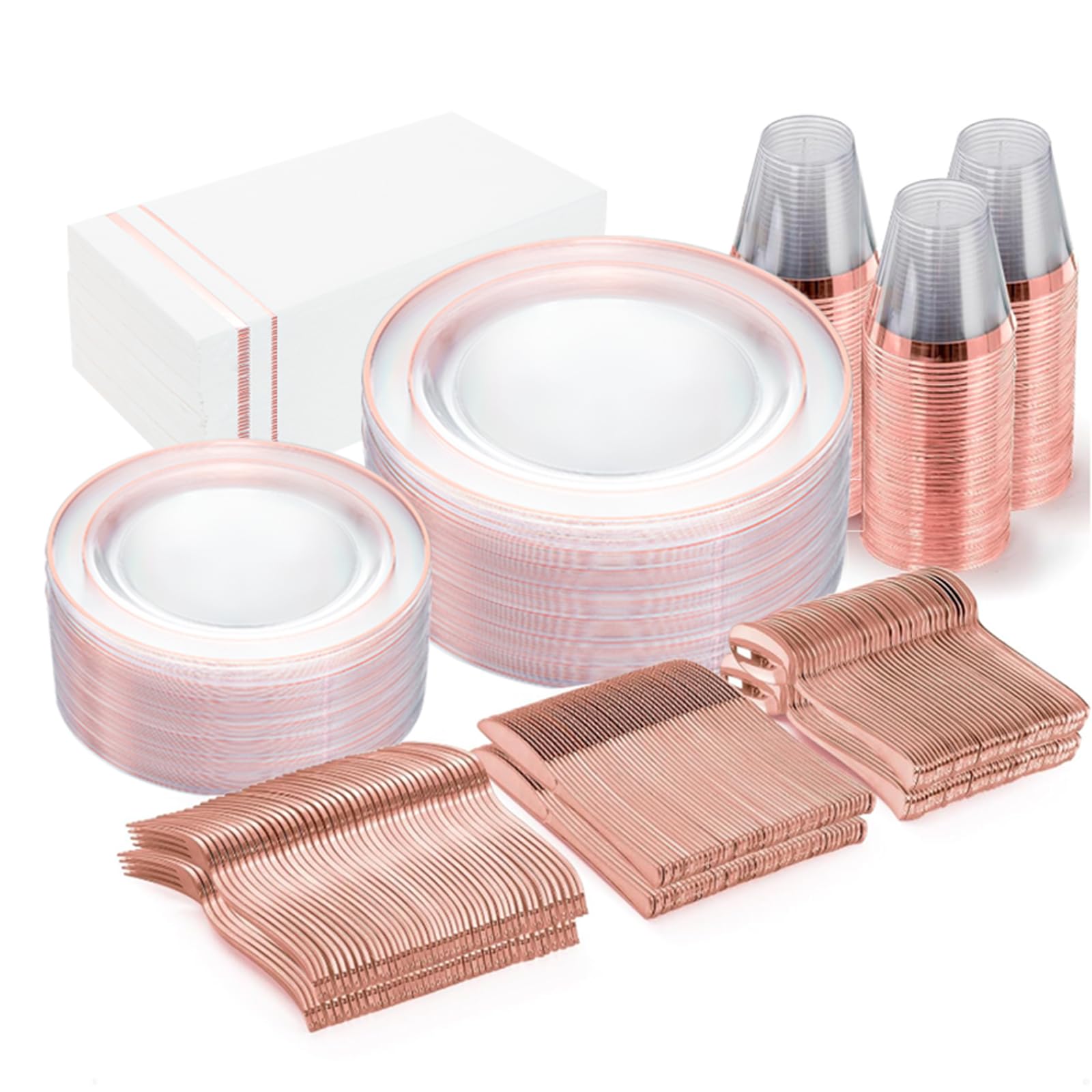 Photo 1 of **MISSING CUPS**GATHER 350PCS Rose Gold Plastic Plates - Disposable Rose Gold Dinnerware Includes 100 Clear Rose Golds Rimmed Plastic Plates, 150 Silverware, 50 Napkins, 50 Cups for Party, Wedding