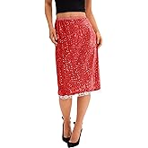 Yousify Womens Sequin Midi Skirts Y2K Elastic High Waisted Lace Trim Sparkly Stretchy Night Out Club Concerts Party Skirt