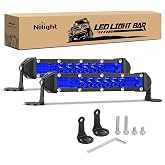 Nilight Slim LED Light Bar 2 PCS Blue 7 Inch Single Row 16LEDs | Spot Flood Combo Off Road Driving Fog Fishing Hunting Emergency Safety Lamp for 12V 24V ATV UTV Pickup Truck Tractor Boat