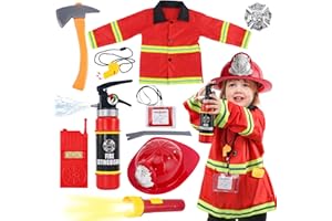CAPTAIN CHAOWING Fireman Costume for Kids, 10 Pcs Firefighter Costume with Toy Accessories Set, Fireman Role Play Outfit Toys, Kids Firefighter Dress Up Clothes, Halloween for Boys Toddlers Ages 3 4 5 6 7