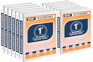 SUIN Economy 1-Inch 3-Ring-Binder, Customizable Clear View Cover, for US Letter Size 8-1/2 x 11'', Perfect for Office/School (White - 12 Packs)