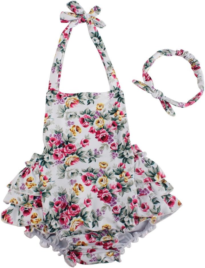 Dalary White Rose Floral Dress Baby Girl's Swimsuit with Headband