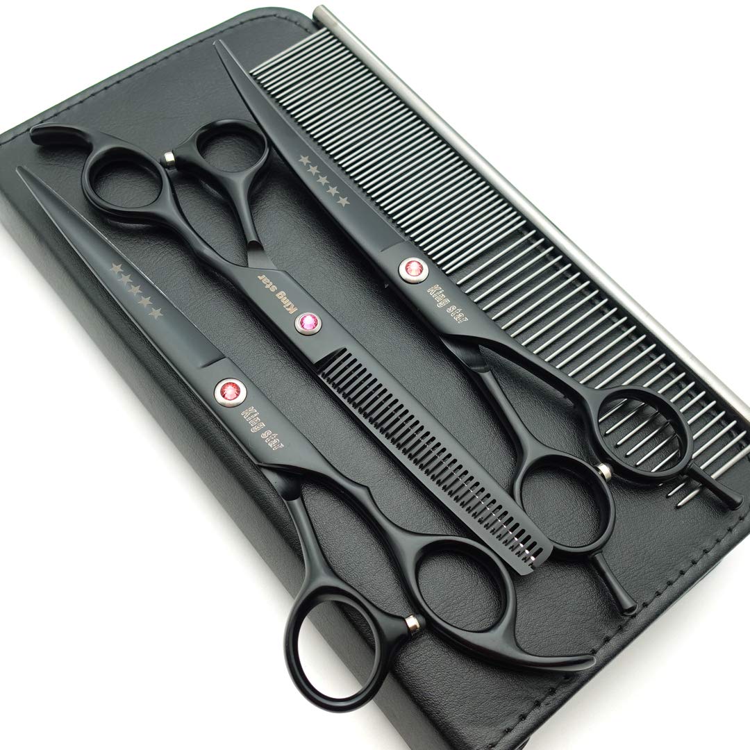 Kingstar 7.0in. Matt black Professional Pet Grooming Scissors set,Straight & Thinning & Curved scissors set,Dog grooming shears,A389