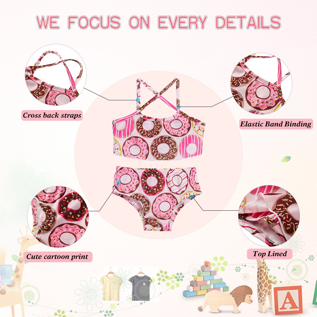 Swimsuit Red Rainbow Unicorn White Cloud, Children Girls Strap Halter Flower Print Swimwear Bathing Bikini Set Niece Gift Size 6 7 yers (Doughnut,S)