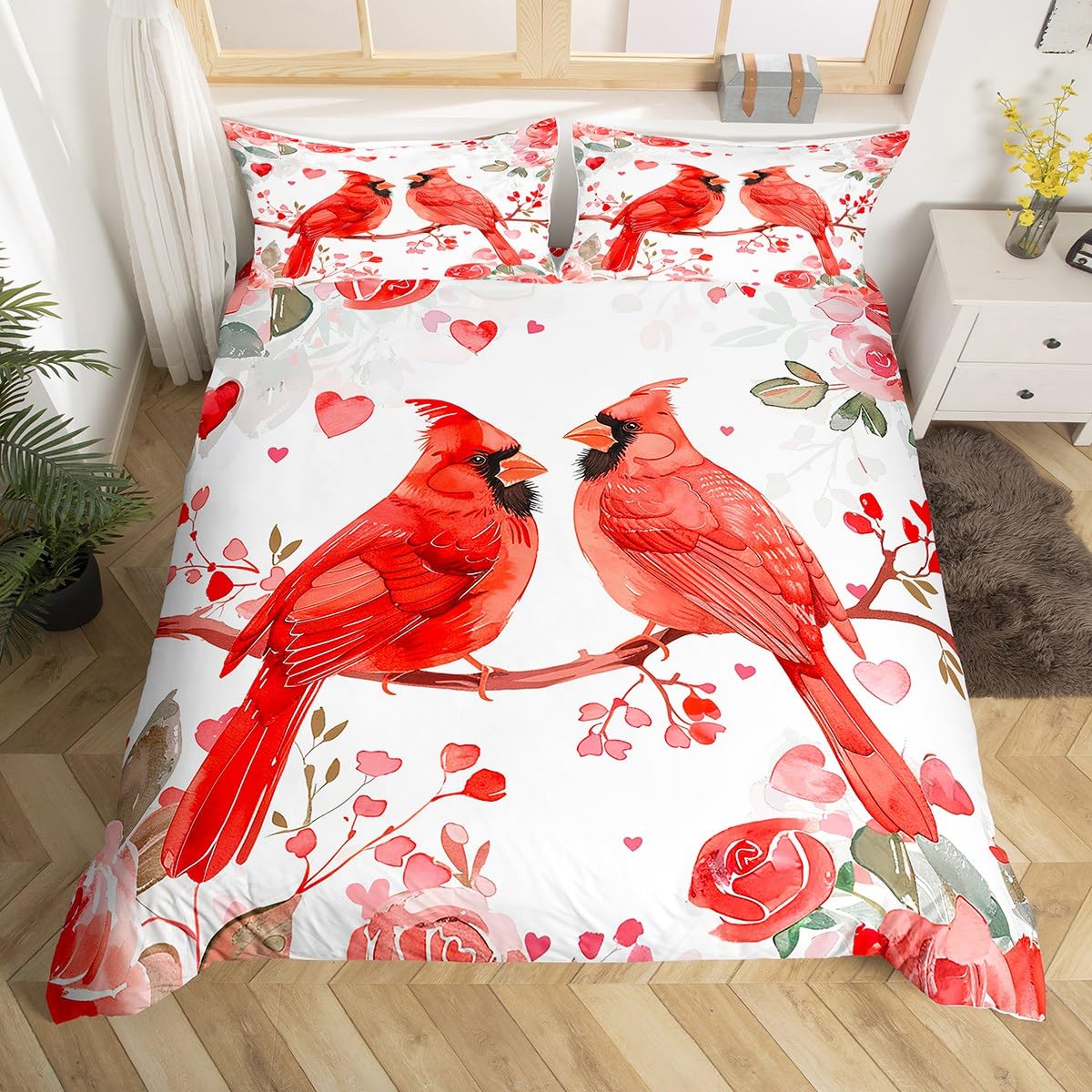 Manfei Cardinals Kids Duvet Cover Set King Size, Red Sparrows Comforter Cover, Watercolor Flower Birds Bedding Set for Boys Girls Adults Bedroom Decor, Lightweight Bedspread Cover, 2 Pillowcases