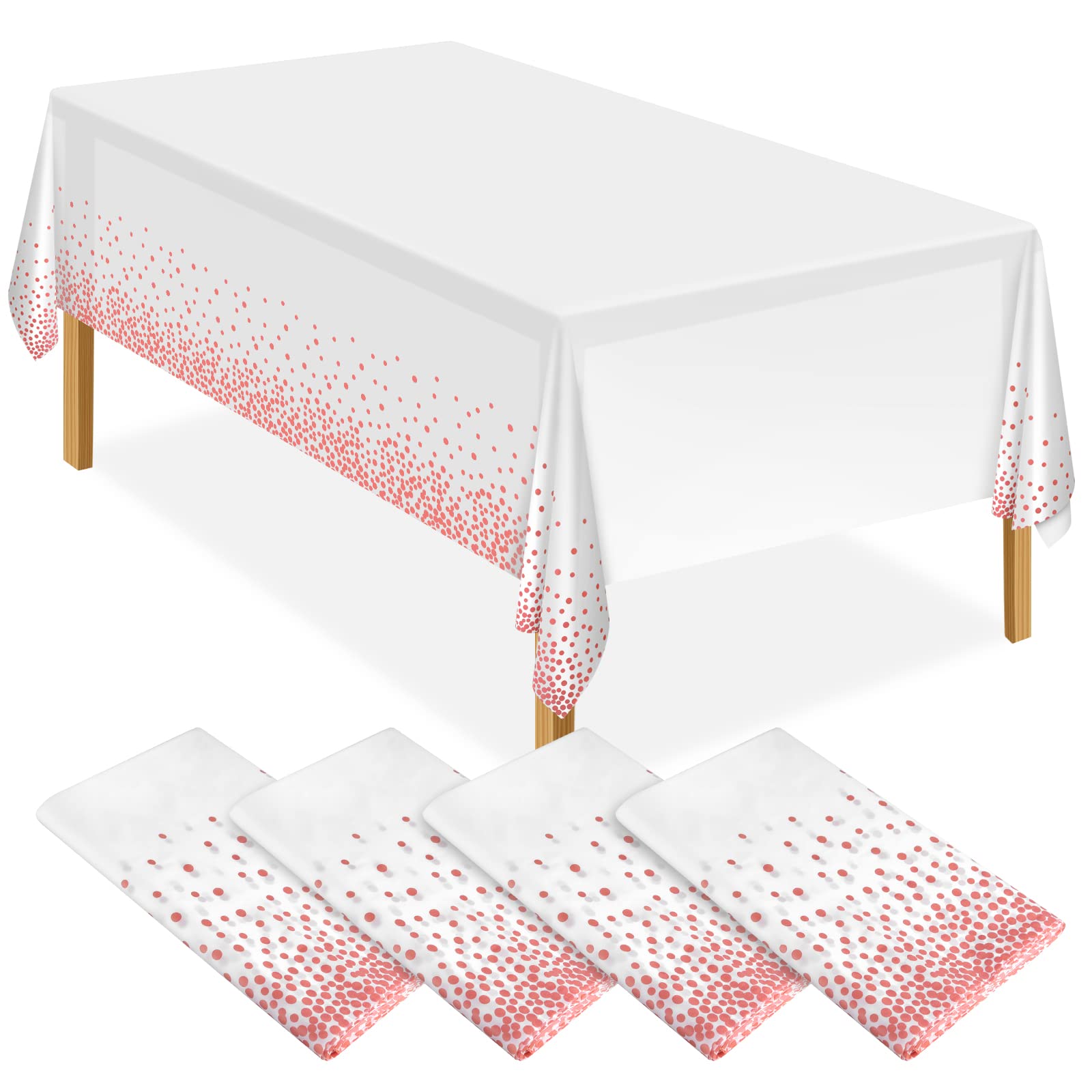 ELECLAND 4Pcs White and Rose Gold Party Tablecloth Plastic Tablecloth 137x274cm Rose Gold Dot Confetti Table Cover Rectangular Party Table Cover for Picnic, Baby Shower, Wedding, Birthday Decorations