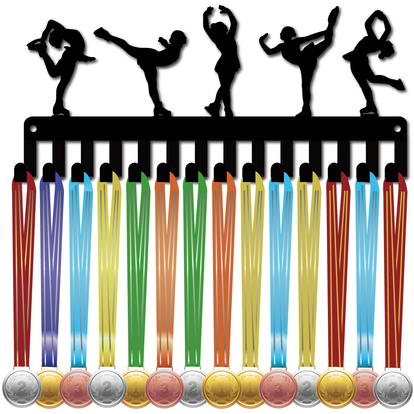 CREATCABIN Figure Skating Medals Holders Medal Display Hanger Small Medal Rack Organizer Metal Ribbon Shelf Stand Frame Decor Wall Mounted Hanging with 14 Hooks for Athlete Sporter Black 11.4 x 5Inch
