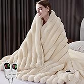 HaloRest Heated Blanket Queen Size, Faux Fur Cozy Heating Blanket with Overheat Protection, 1/2/4/6/8 Hours Auto-Off 10 Heat Level, Machine Washable (84x90 Inches, Cream White)