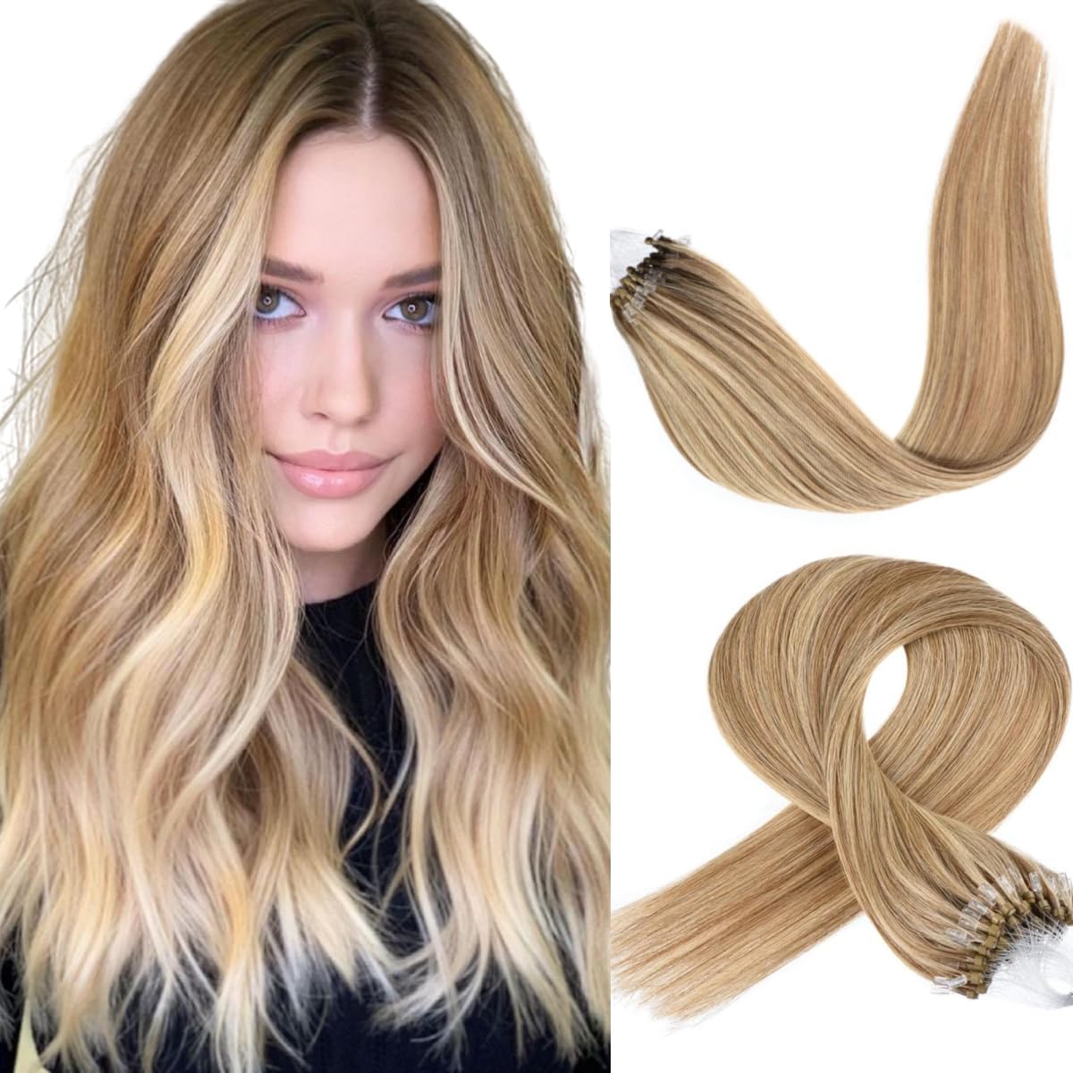 Kun Na Micro Beads Hair 0.5g/s Natural Human Straight Hair Extensions Easy Loop Brazilian Remy Hair Micro Ring Hair Extensions Micro Link Mix #8/613 Camel Brown & Bleach Blonde 18 inch 50g — image 1