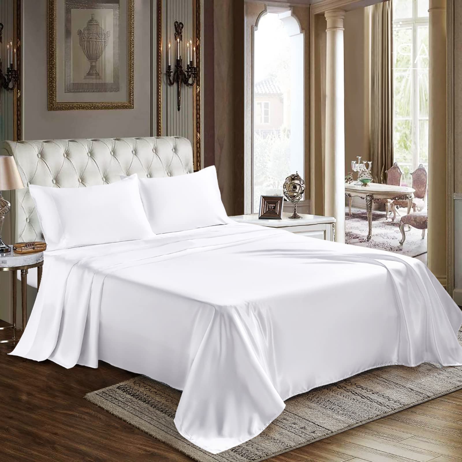 Photo 1 of CozyLux Satin Sheets Queen Size - 4 Piece White Bed Sheet Set with Silky Microfiber, 1 Deep Pocket Fitted Sheet, 1 Flat Sheet, and 2 Pillowcases - Smooth and Soft