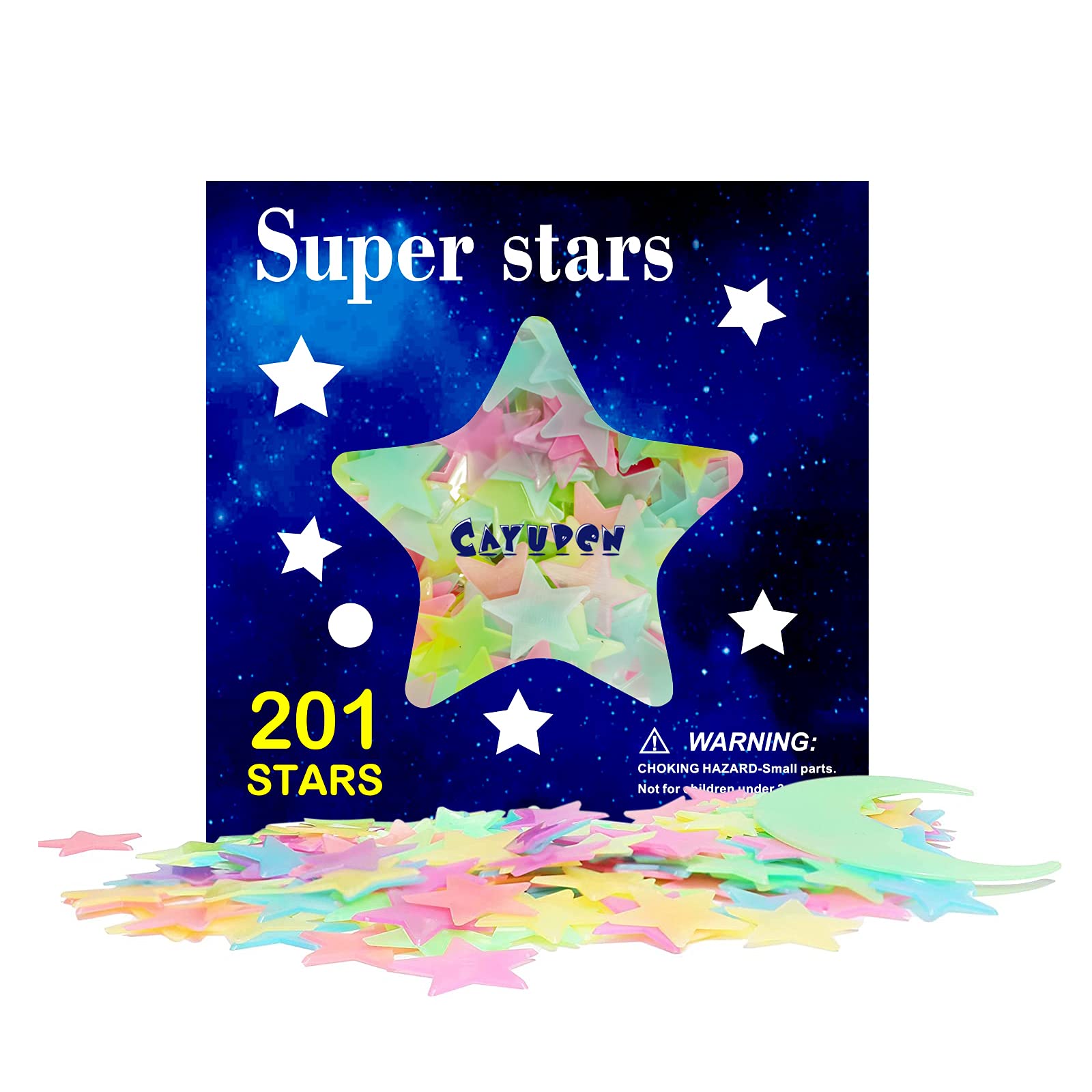 Glow in the Dark Stars for Ceiling, CAYUDEN 201pcs Colorful Plastic Glow in the Dark Stars and Moon 3D Glowing Stars for Ceiling Luminous Stars Stickers Glowing Ceiling Stars for Boy Girl Bedroom