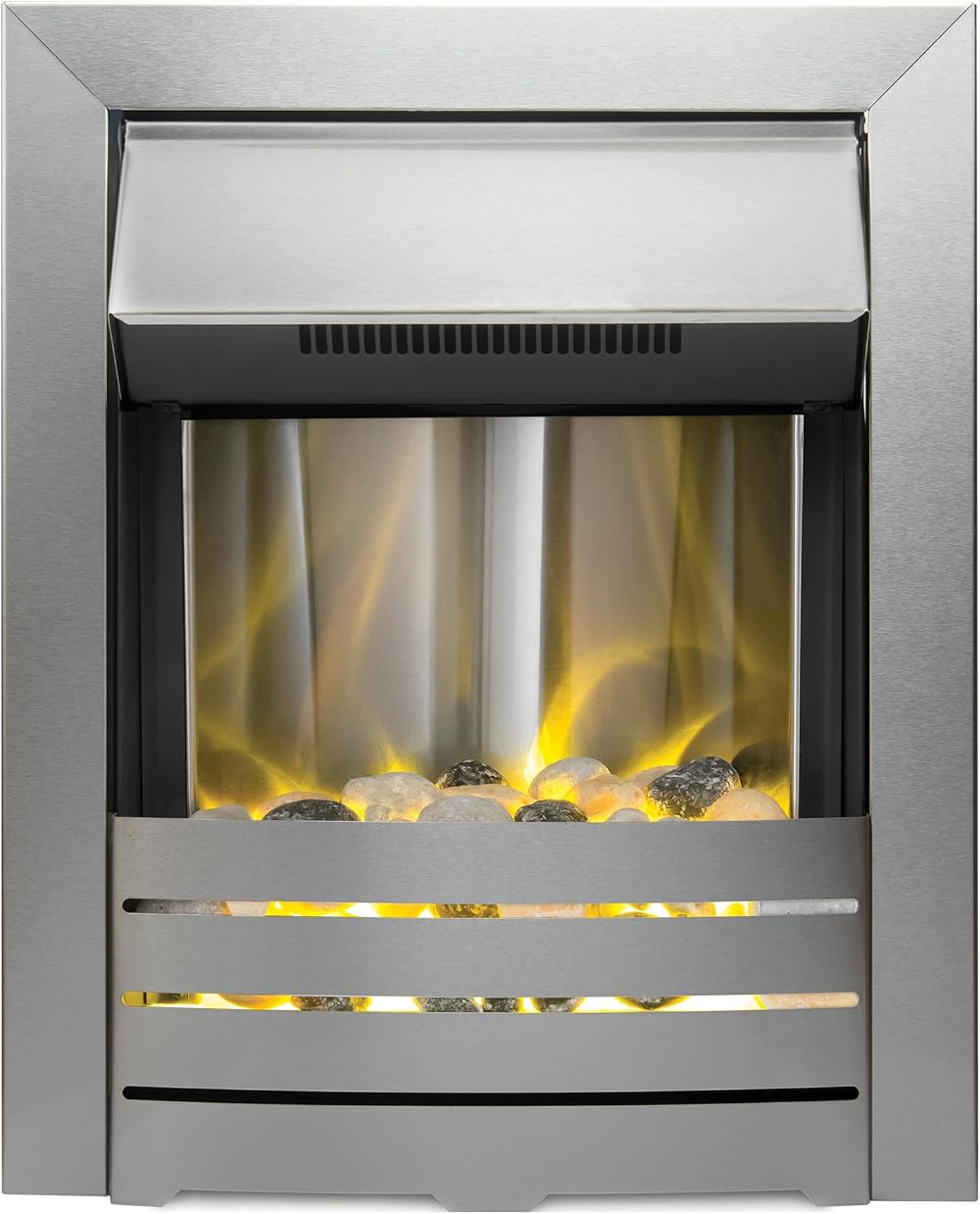 Adam Helios Brushed Steel Electric Fire with Pebble Bed Glow Effect