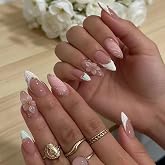 Handmade Press On Nails - MAGLFELL Spring Nails Almond False Nails, 3D Pink Carving Floral and French Design, 10Pcs Reusable