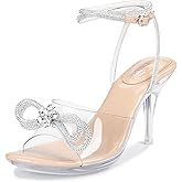 NBUUNBU Clear Heels With Rhinestone Bow Strappy Sandals For Women Ankle Strap Butterfly Transparent Platform High Heel Sexy Slingback Kitten Stiletto Comfortable Wedding Shoes Pump Mules