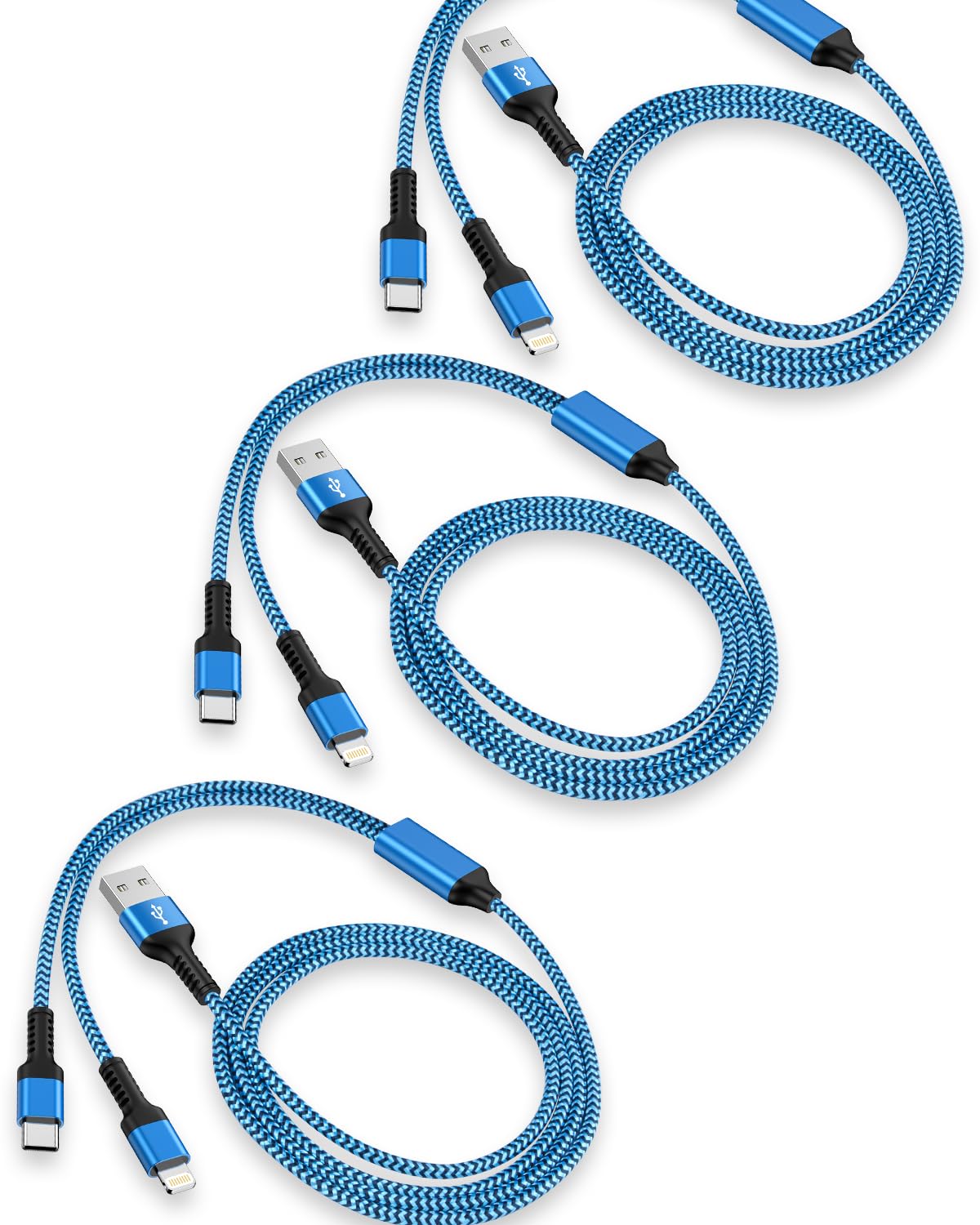 Photo 1 of 3Pack-4FT Apple & Android USB to Lightning & USB-C 2-in-1 Fast Charger Cable for iPhone 17 17Pro 16e 16 15 14 Pro Max Plus 13 12, Samsung Galaxy A17 A16, Google Pixel 10, Multi USBC Lighting USB Cord