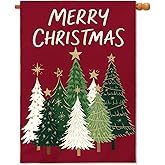 Merry Christmas House Flag 28x40 Inch Dark Red Green Xmas Tree Holiday Winter Decorative Garden Flags for Outside Double Sided Seasonal Outdoor Home Farmhouse Decoration Porch Yard New Year Decor