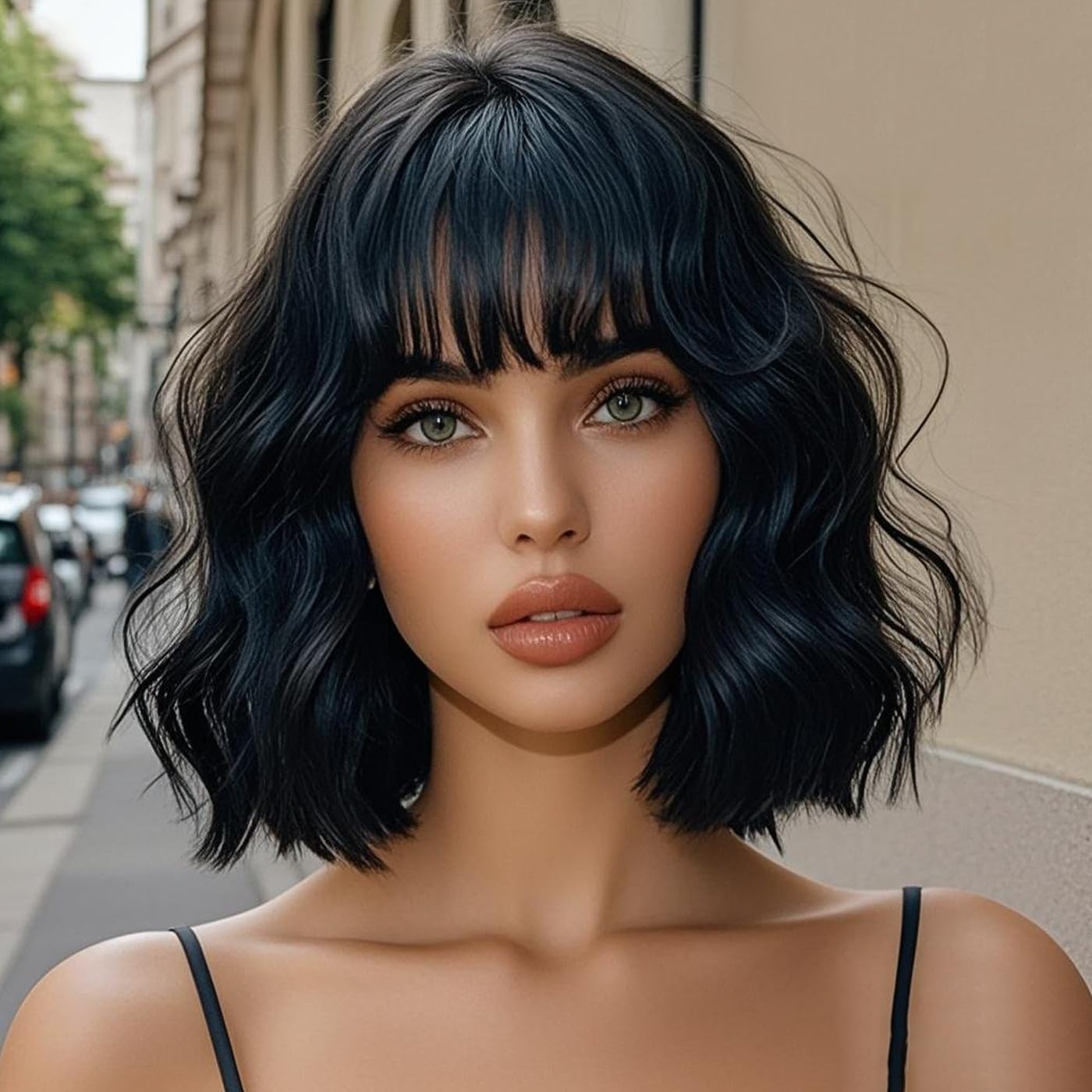 ISAMY Short Bob Wigs With Air Bangs Shoulder Length Women's Wig Bob Curly Wavy Synthetic Cosplay Wig for Girls Daily Use Colorful Wigs (Black)