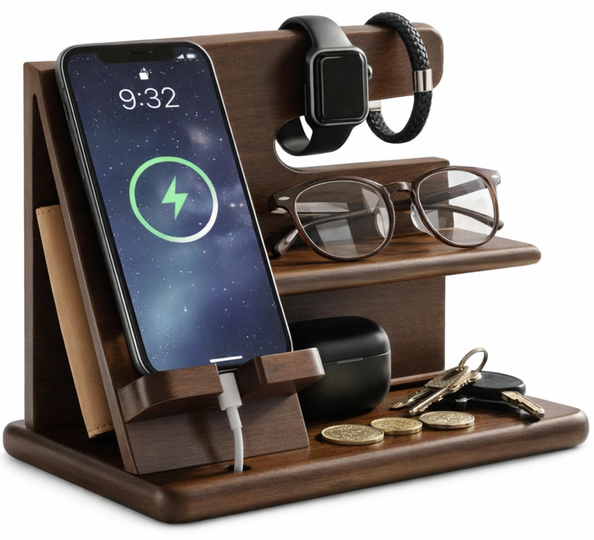 Photo 1 of **UNTESTED**
SHARPSPACE 360° Rotating Nightstand Organizer - Wood Phone Docking Station with Rotating Base, Charging Slot, Holds watch, Wallet, Keys, Eyewear - Birthday Gifts for Men & Women, Bedroom or Office Use, Dark Brown