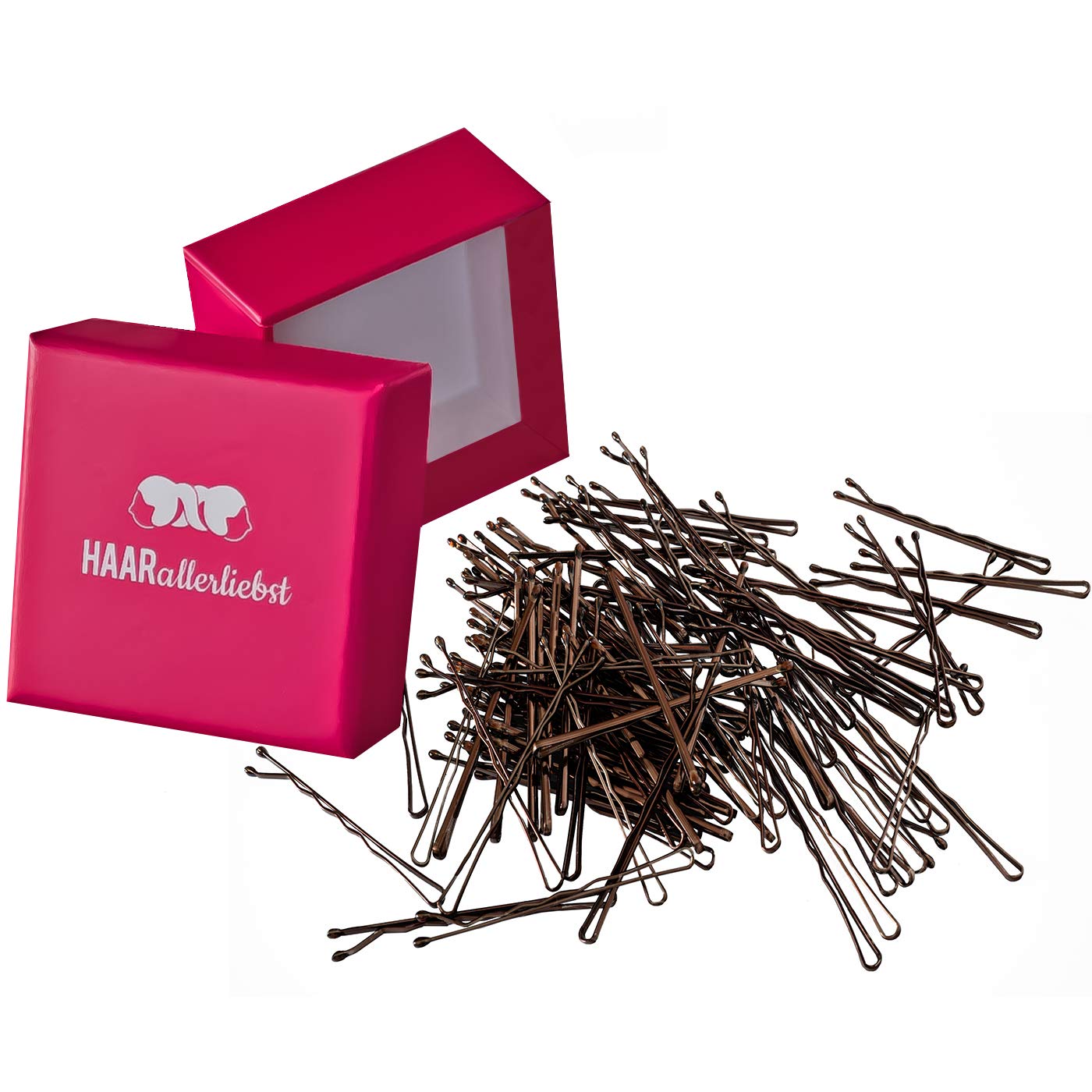 HAARallerliebst 100 Hair Pins - 5 cm Bobby Pins - Brown Shiny for Brown Hair - Hair Clips Women & Hair Pins in Pink Box - Perfect Hair Pin for Styling & Hold