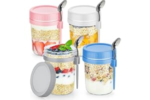 DRKIO 4 Pack Overnight Oats Containers with Lids and Spoons 16 Oz Glass Mason Jars for Overnight Oats Leak Proof Oatmeal Container Great for Cereal Fruit Vegetable Milk Salad Yogurt Meal Prep