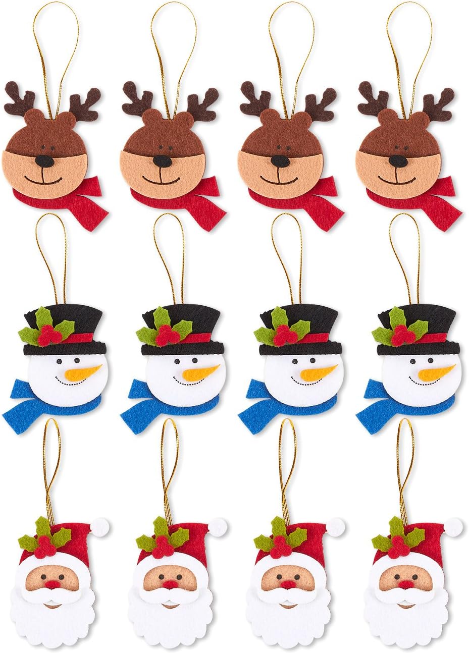 Felt Christmas Tree Ornaments, Reindeer, Santa Claus, and Snowman (12 Pack)