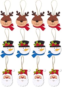 Felt Christmas Tree Ornaments, Reindeer, Santa Claus, and Snowman (12 Pack)