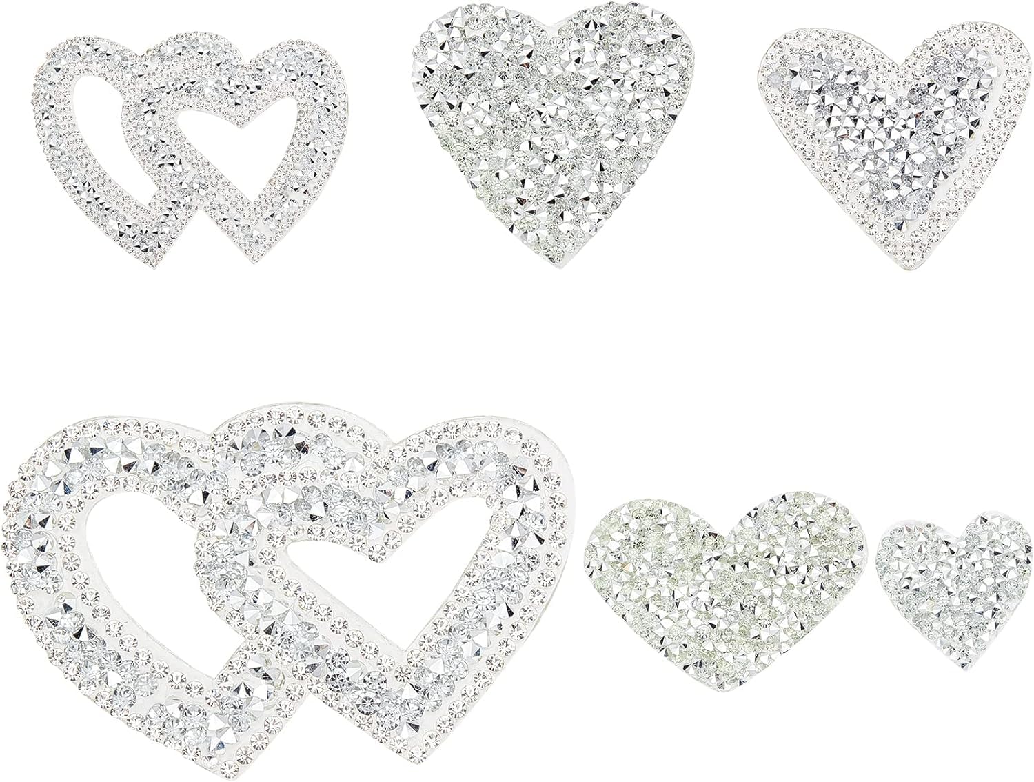 FINGERINSPIRE 6Pcs Heart Shape Rhinestone Patches Silver Heart Rhinestone Appliques Shinny Heart Shape Crystals Appliques with Container Decorative Accessories for DIY Craft Clothing Repair