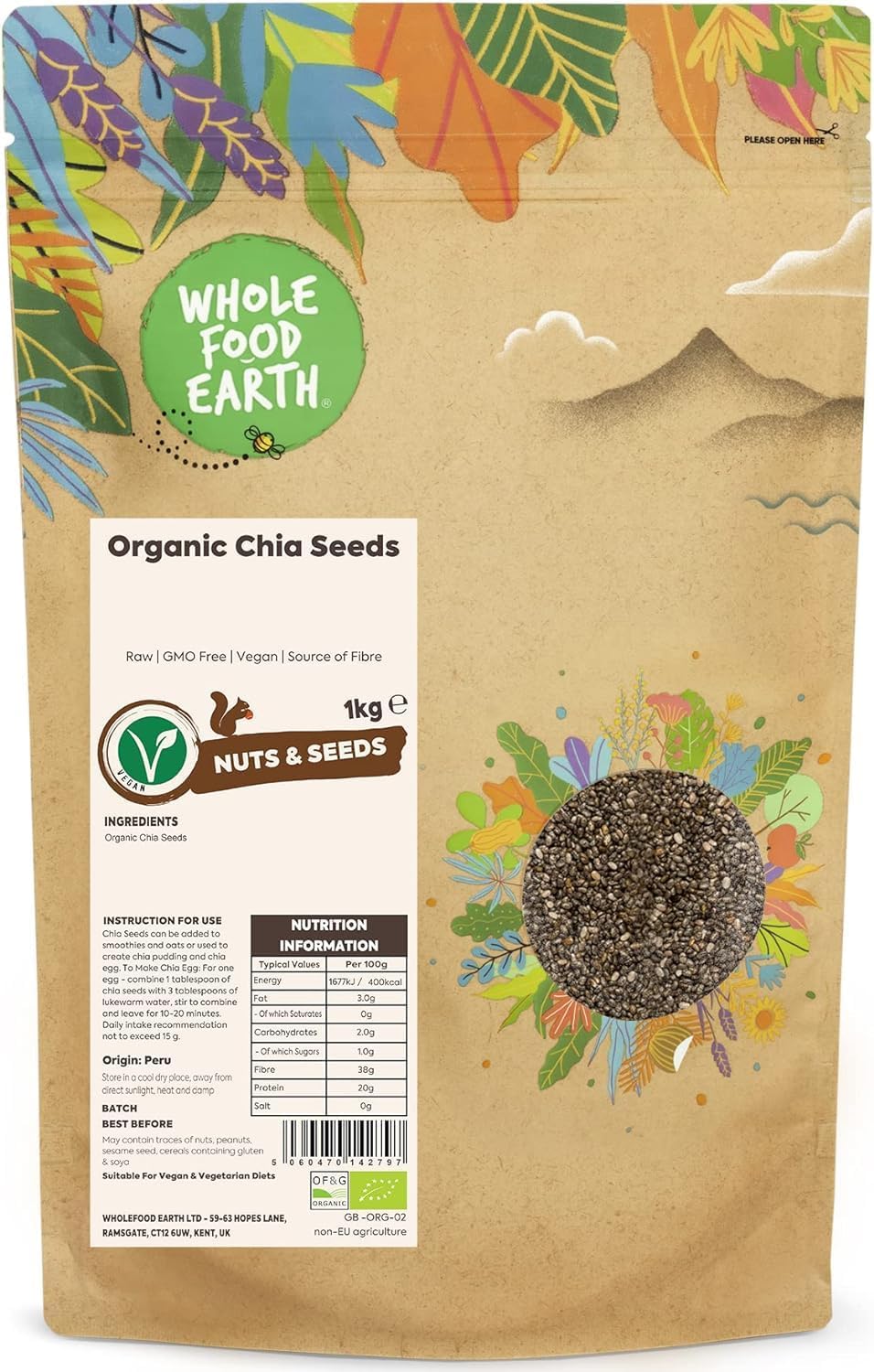 Wholefood Earth Organic Chia Seeds – 1 kg | Raw | Vegan | Fibre Rich