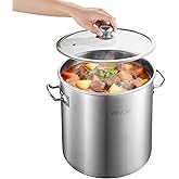 VEVOR Stainless Steel Stock Pot, 21-Quart Stainless Steel Stockpot with Glass Lid, PFOA-Free, PFAS-Free, Compatible with Gas Stoves, Induction Cooktops, Electric Stoves, for Soups, Stews, and Pasta
