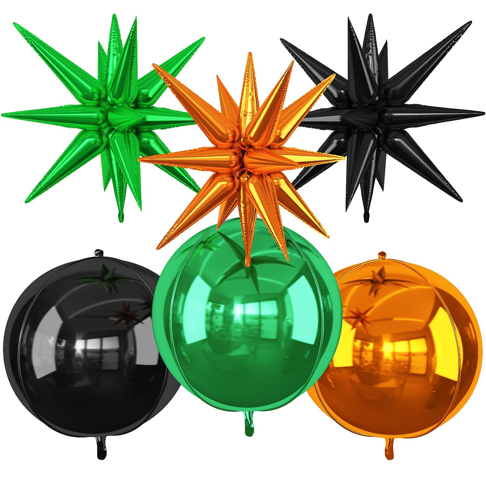 6Pcs Black Green Orange Foil Balloons,22Inch Black Orange Green 4D Round Ball Balloon and Explosion Star Balloon for Halloween Birthday Wedding Baby Shower Anniversary Party Decorations
