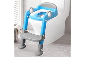 Potty Training Seat with Ladder for Toddler and Kids,Wiifo Sturdy Potty Ladder with Soft Cushion and Splash Guard for Boys and Girls,Foldable Child Toilet Training Seat(Grey Blue)