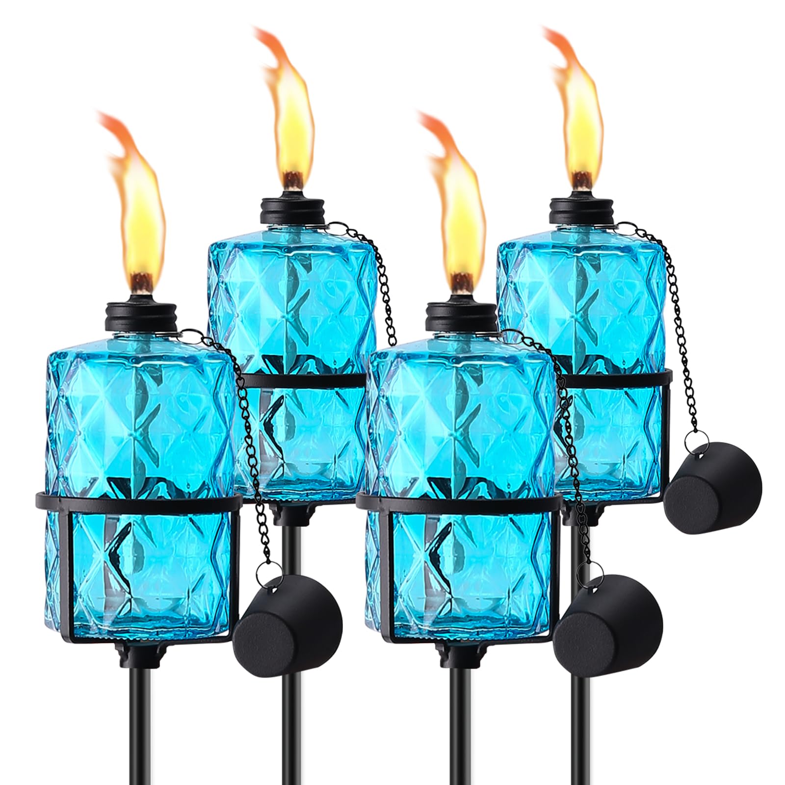 Photo 1 of 4 Pack Blue Glass Garden Torch,60-Inch Outdoor Torch Garden Décor, Upgraded 12 oz Citronella Torches with 3-Prong Grounded Stake,Metal Light Torches for Party Patio Pathway