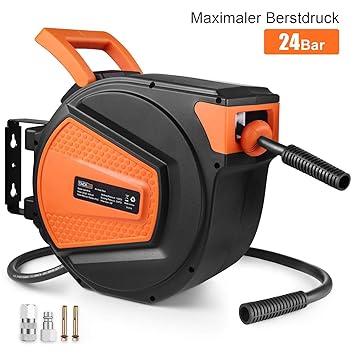 TACKLIFE Druckluftschlauch Aufroller GAHR3A (20Bar/300PSI, Max 24bar, Länge 15m+1.5m, mit Druckluftkupplung, Schlauch 9.5mm I