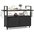 Tangkula Outdoor Bar Cart Table, Patiojoy Rolling Wicker Buffet Wheeled Serving Cart with Tempered Glass Top, Storage Cabinet & 8 Hooks, for Porch Backyard Garden Poolside (Black)