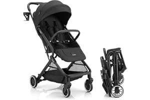 Gromast Compact Fold Baby Stroller, Lightweight Travel Toddler Stroller with One-Click Fold, Extendable UPF50+ Canopy, Cup Holder, UV Protected and Waterproof, One-Hand Folding - Black