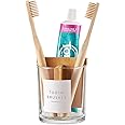 Onsogi Glass Toothbrush and Toothpaste Holder with Bamboo Divider for Bathroom Countertop, Toothbrush Organizer Stand for Bathroom Vanity Countertops - 1 Pack