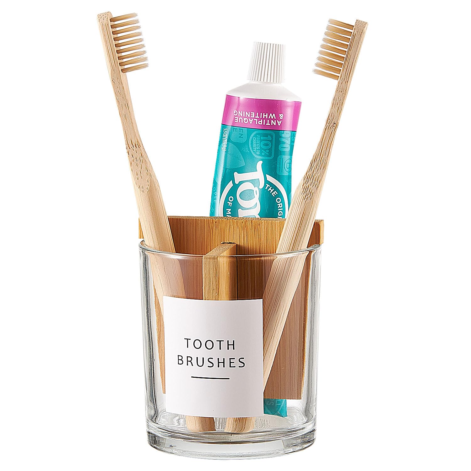 Photo 1 of Onsogi Glass Toothbrush and Toothpaste Holder with Bamboo Divider for Bathroom Countertop, Toothbrush Organizer Stand for Bathroom Vanity Countertops - 1 Pack