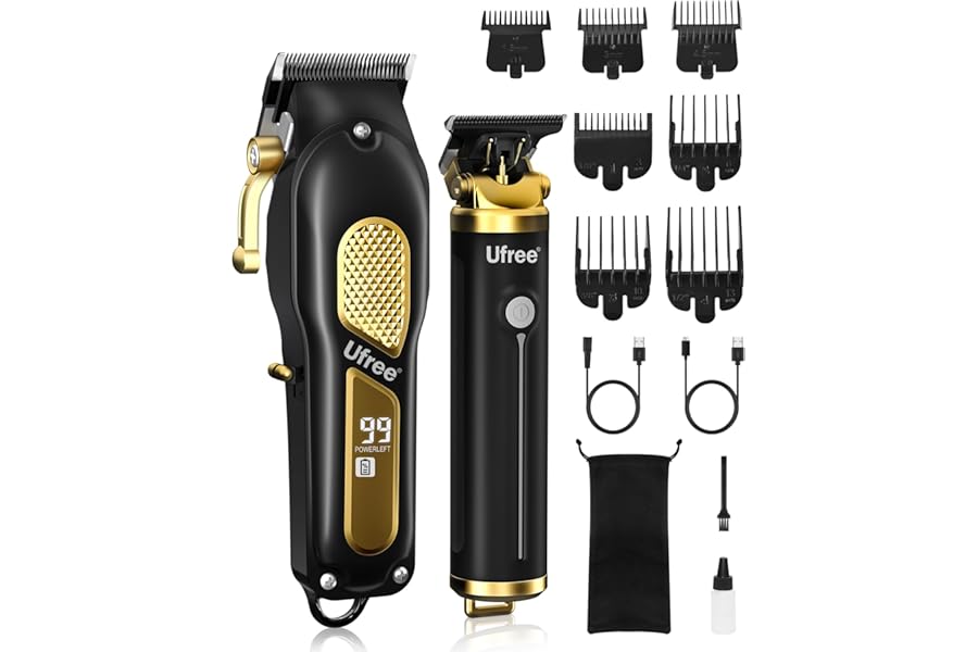 Ufree Hair Clippers for Men, Professional Clippers and Trimmers Set, Cordless Clippers for Hair Cutting, Beard Trimmer, Barber Clippers, Rechargeable Electric Shaver, Gifts for Men, Black Gold