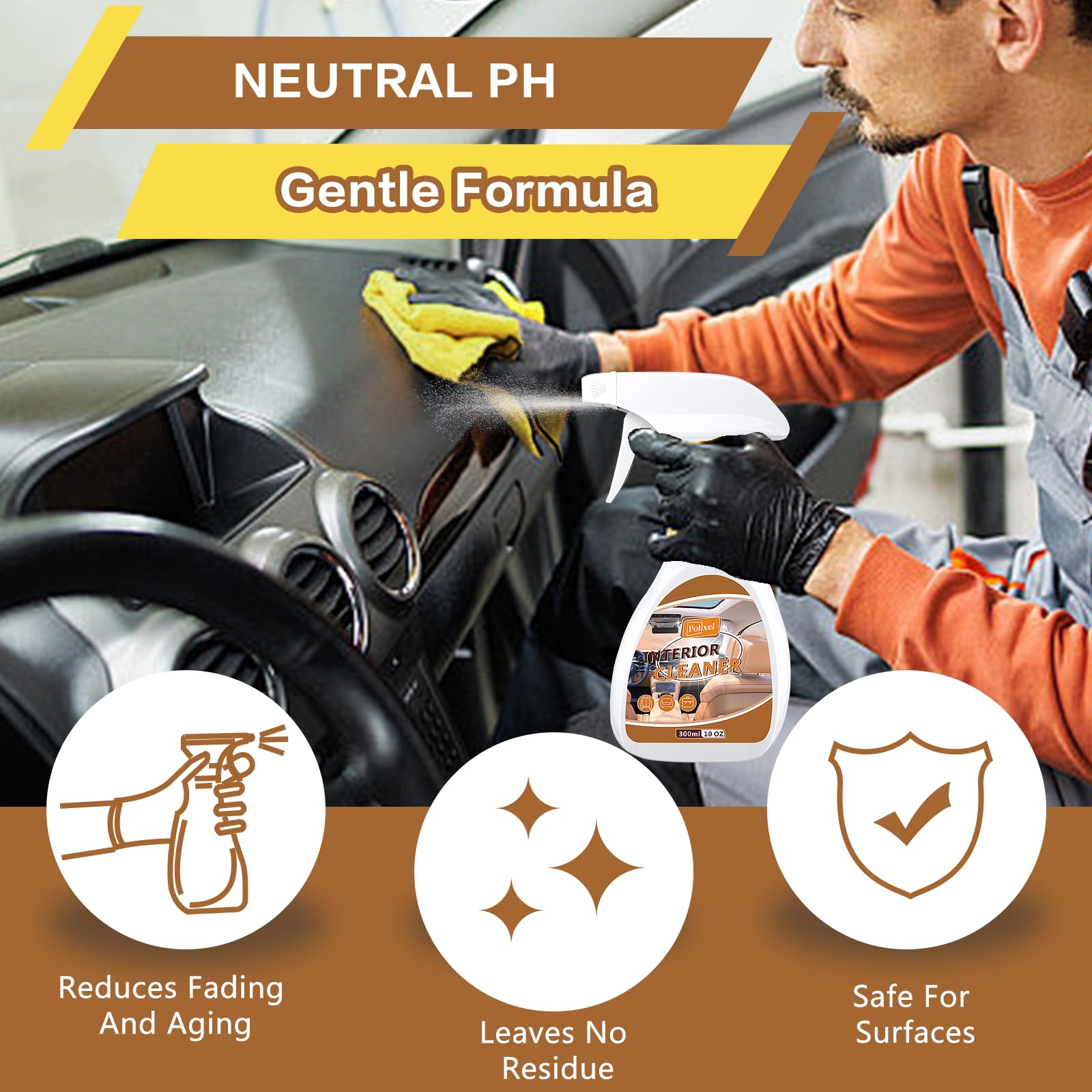 POLIXEL Car Interior Cleaner, Total Interior Detailing Spray for Dashboard, Seats, Carpet, Leather & Plastics with 1x Microfiber Towel & 1x Detailing Brush - 10oz/300ml